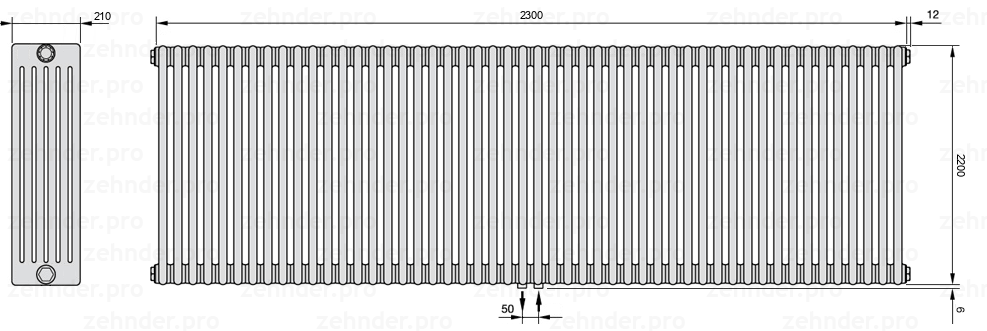 Схема (чертеж) Радиатор Zehnder Charleston 6220/50 №5410 Белый глянцевый RAL 9016